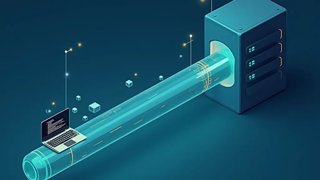 Isometric illustration of a data pipe linking a laptop to an API server